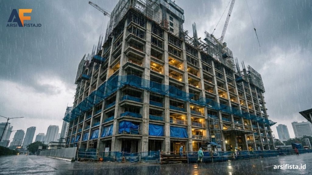 Tantangan konstruksi di musim hujan bukan hanya milik proyek rumah tinggal, tapi juga gedung bertingkat. Simak strategi site management agar target waktu (S-Curve) tidak meleset pada Proyek Musim Hujan